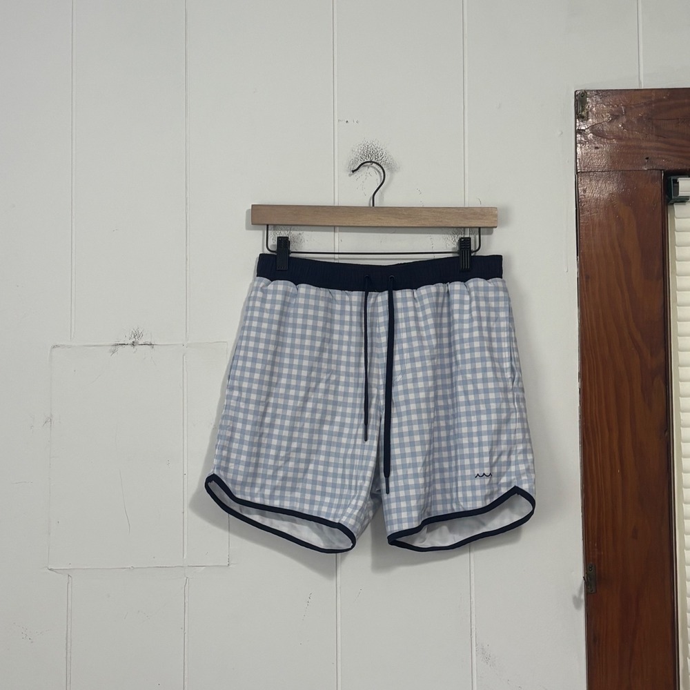 Minnow Mens Swim Trunks Small Blue White Gingham Checkered Retro Board Shorts